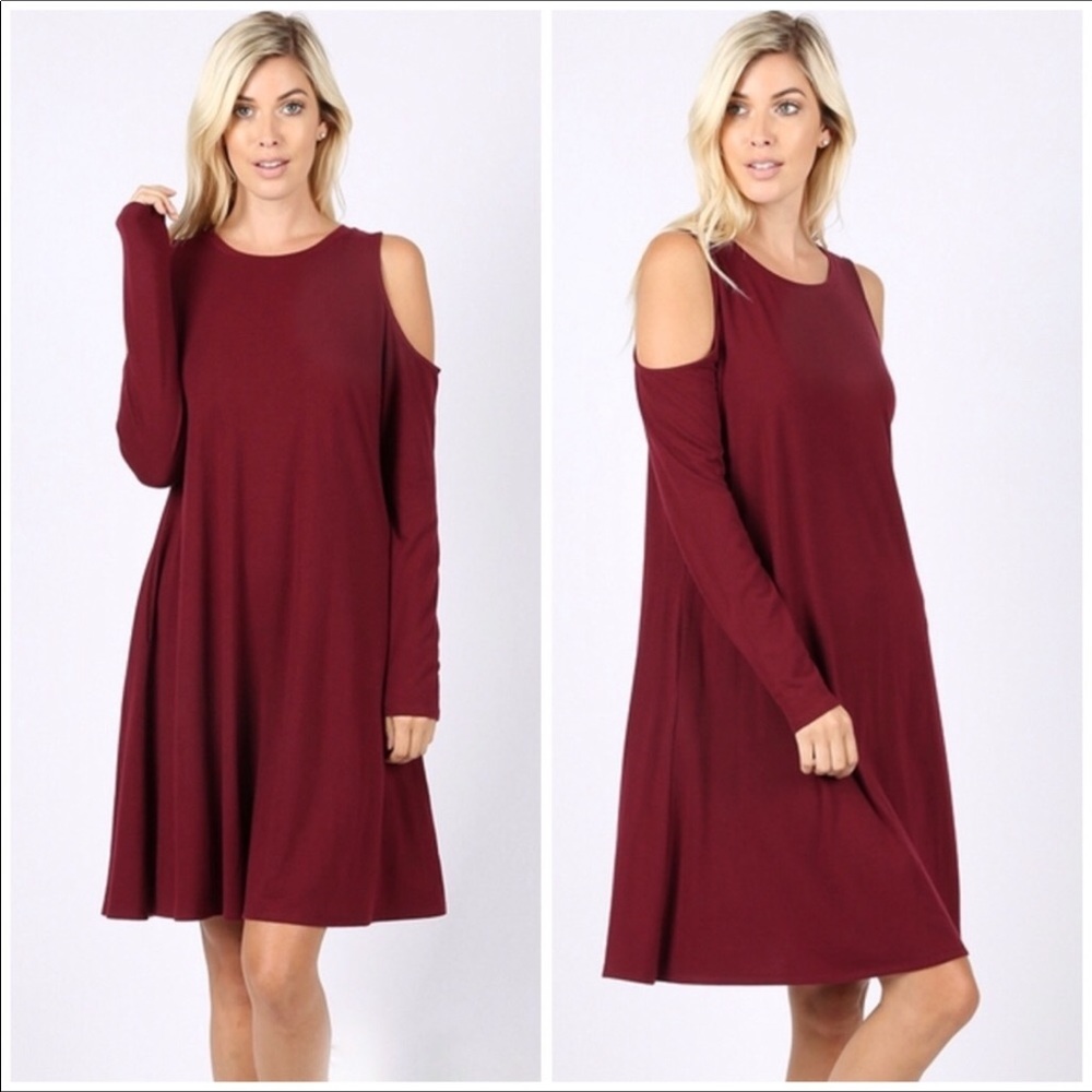 Hunter Green Long Sleeve Cold Shoulder Dress - Picture 3 of 7